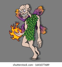 Fancy evil elf cartoon character with fireball and singed wings, creative vector hand drawing illustration nightmare pixie from fairy tales, with malicious smile for web and print