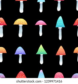 Fancy, exotic, dangerous, bright poisonous amanita mushrooms. Seamless pattern, texture, background.