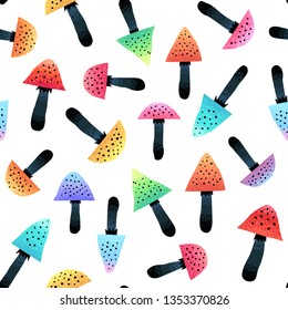 Fancy, exotic, dangerous, poisonous amanita mushrooms. Seamless pattern, texture, background. Cartoon style.