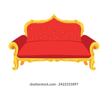 Fancy expensive red cushioned lounge sofa couch with gold yellow ornaments vector illustration. Simple flat no outline cartoon art styled comfortable couch drawing.