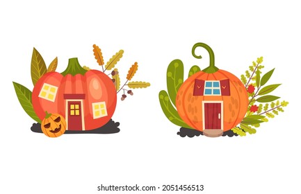 Fancy Fairy Pumpkin House Rested on Garden Soil Among Foliage Vector Set