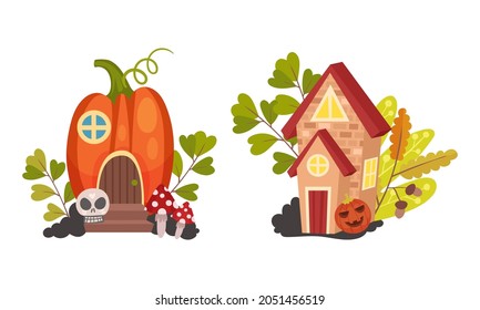 Fancy Fairy Pumpkin House Rested on Garden Soil Among Foliage Vector Set