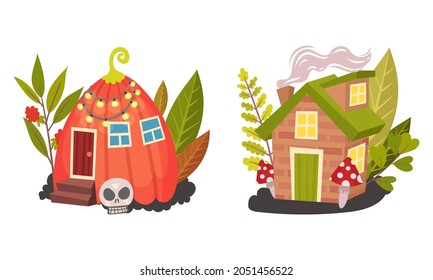 Fancy Fairy Pumpkin House Rested on Garden Soil Among Foliage Vector Set
