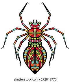 Fancy fantastic spider drawn in stained glass style. Body is isolated on white. Vector elements are grouped.