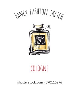 Fancy fashion sketch: cologne. Contrasty glamour fashion sketch in vogue style. Isolated fashion art element with two inscription around. Simple greeting card or flyer.