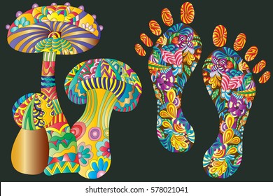 fancy feet and mushrooms, multi-colored pattern on a black background