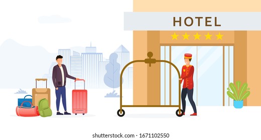 Fancy five star hotel doorman in red uniform rolling out the baggage cart or luggage trolley outdoors to help a visitor man with his suitcases and bags. Vector illustration