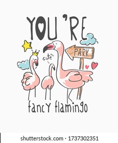 fancy flamingo slogan with cartoon flock of flamingos illustration