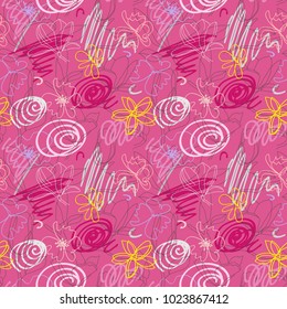 Fancy floral drawing seamless pattern. Doodle hand drawn flowers, scribbles, swirls on pink background. Bright vector design for floral wallpaper, wrapping paper, scrapbooking, textile liberty print.