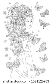 fancy floral girl with butterflies for your coloring book