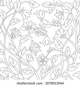 fancy floral pattern of twigs with leaves and fantasy flowers for your coloring book