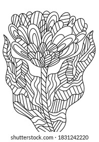 Fancy flower coloring page for kids and adults stock vector illustration. Fantasy flower with two leaves black outline isolated on white for printing and coloring. Antistress asymmetrical flower