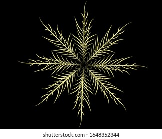 A fancy flower of thin yellow twigs with narrow leaves on a black background. Vector illustration