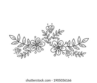 Fancy flowers arrangement, leaves simple vector minimalist concept outline illustration, thin line hand drawn floral ornament for invitations, greeting cards, banner, booklet design