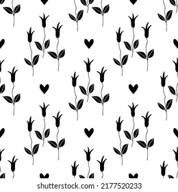 Fancy flowers and a black heart. Seamless monochrome floral pattern. Black abstract flowers. Botanical ink illustration with floral motif. Hand-drawn black print for fabric, wrapping paper, wallpaper 
