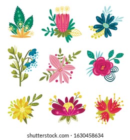 Fancy Flowers Composition Isolated on White Background Vector Set