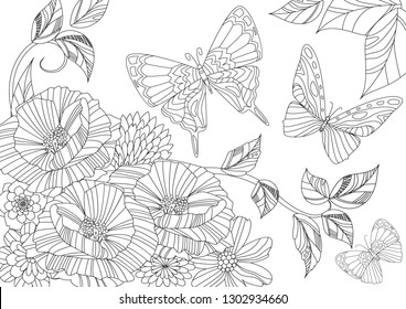 fancy flowers with couple of butterflies for your coloring page  