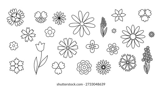 Fancy flowers, leaves set, hand drawn outline vector illustration, symbol of spring, cozy home, spring Easter holidays celebration decor, clipart for cards, banner, springtime decoration