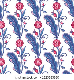 Fancy flowers seamless pattern. Floral decorative vector background painted in pink and blue colors