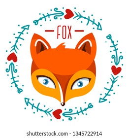 
Fancy fox in frame. Childish cute concept hand drawn flat illustration of fox's Muzzle. Isolated on white background, with space for text. Illustration for print.

