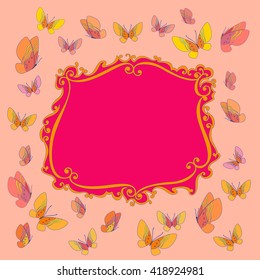 Fancy frame. Funny butterfly border. Card, banner to birthday, entertainment, celebration. Place for text, frame.  Entertainment decoration, birthday, festive holiday background. Vector illustration.