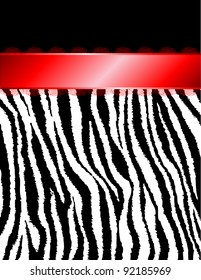 A fancy fringed red ribbon divides black and a zebra print. Vector.