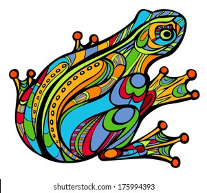 Fancy frog. Vector magic colored frog, in Art Nouveau style, like stained glass. Body is isolated on white. Vector file is grouped EPS8.