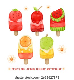 Fancy fruits ice-cream summer watercolor elements isolated on white background. Vector illustration.
