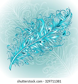Fancy gentlest feather in blue tones on the background of openwork 