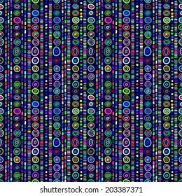 Fancy geometric seamless pattern. Colorful circles and strips on a dark background, vector. 