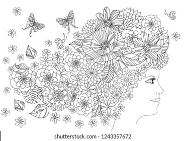 fancy girl with butterflies and flowers in hair for your coloring book