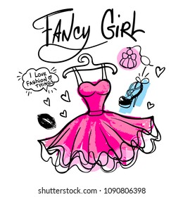 Fancy girl. fashion illustration with pink girlish dress, gorgeous tulle skirt, high heel shoes drawing in sketch style, kiss lips track, hearts, speech cloud,text I live fashion things, perfume  