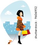 Fancy girl and her dog going shopping