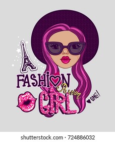 Fancy girlish t shirt design. Beautiful fashion girl in big round purple hat, pink hair, dark glasses, text with pink glitter, kiss lips, Eiffel tower patch badge. Lettering composition