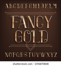 Fancy Gold alphabet font. Retro bright letters with shadow. Stock vector typescript for your design.