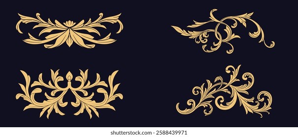 Fancy gold baroque damask vintage border frame scroll on black. Elegant decoration golden arabesque, flourish floral ornament, filigree vector illustration