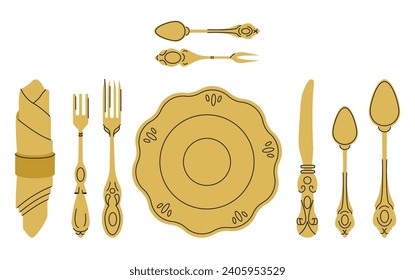 Fancy golden Cutlery set with table knife, spoon, fork, napkin, dessert, tea. Various shapes. Vintage style. Restaurant, dinner concept. Hand drawn modern Vector illustration isolated on background