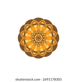 Icono de Botón floral dorado de lujo de la etiqueta engomada. Logotipo minimalista amarillo o diseño de impresión para marca, marketing, yoga, bienestar, embalaje de productos, textiles. Mandala simétrico aislado sobre fondo blanco.