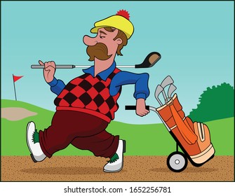 A fancy golfer heads towards a tee.