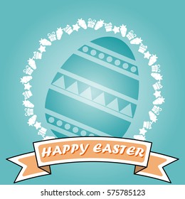 Fancy green egg inside circle badge for Happy Easter concept on green background
