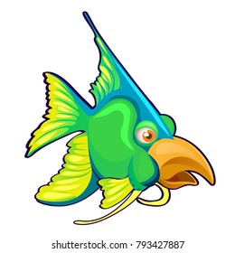 Fancy green fish with bird beak isolated on a white background. Cartoon vector close-up illustration.
