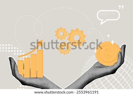 Fancy halftone collage. Concept attitude to work for results, management to ensure excellent results, increasing quality entails increasing profits, teamwork. Quality grows, profits grow. Illustration