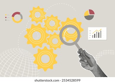 Un collage de semitonos de lujo. Concepto de maximización de resultados, mejora de la calidad, desarrollo de negocio, optimización de costes y gastos, trabajo en equipo. Ilustración para Anuncio de Web, Anuncio de redes sociales. Vector