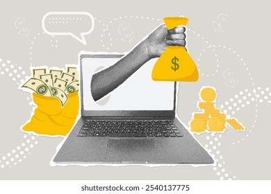 Un collage de semitonos de lujo. Concepto de ahorro, depósitos bancarios, seguridad financiera, protección contra pérdidas, recesión económica. Ilustración para Anuncio de Web, Anuncio de redes sociales