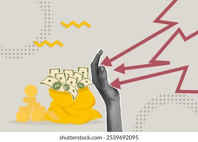 Fancy halftone collage. Financial security concept, defense against loss, economic downturn, defense against cyber attack. Hand as a shield protecting financial security. Illustration for web banner