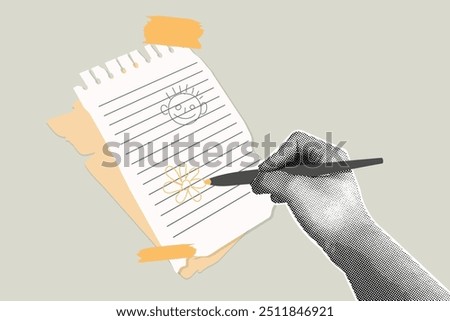 Fancy halftone collage. Halftone hand with pen and torn pieces of paper attached with tape,doodle. Modern design template. Vector illustration