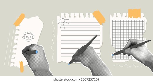 Fancy halftone collage. Set of torn sheets of paper, scotch tape and halftone hands with pen. Modern template for design. Vector illustration