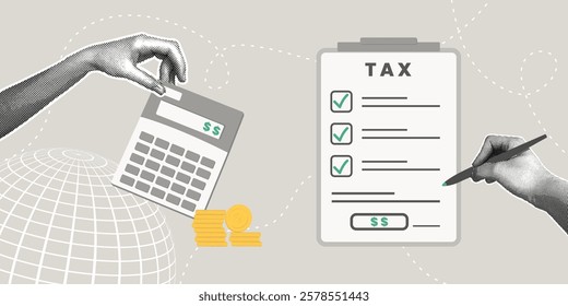 Fancy halftone collage. Tax concept, optimization strategy, optimization, reduction or refund , revenue management, planning. Analysis of tax document. Vector illustration