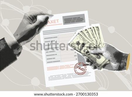 Fancy halftone collage. Tax concept, optimization strategy, optimization, reduction or refund , revenue management, planning. Analysis of tax document. Vector illustration