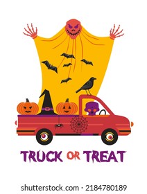Fancy Halloween Truck Treat vector poster  Cute spooky holiday jack  o  lantern pumpkin  witch hat  skull  ghost in truck design element  Happy Halloween holiday fun background scary illustration